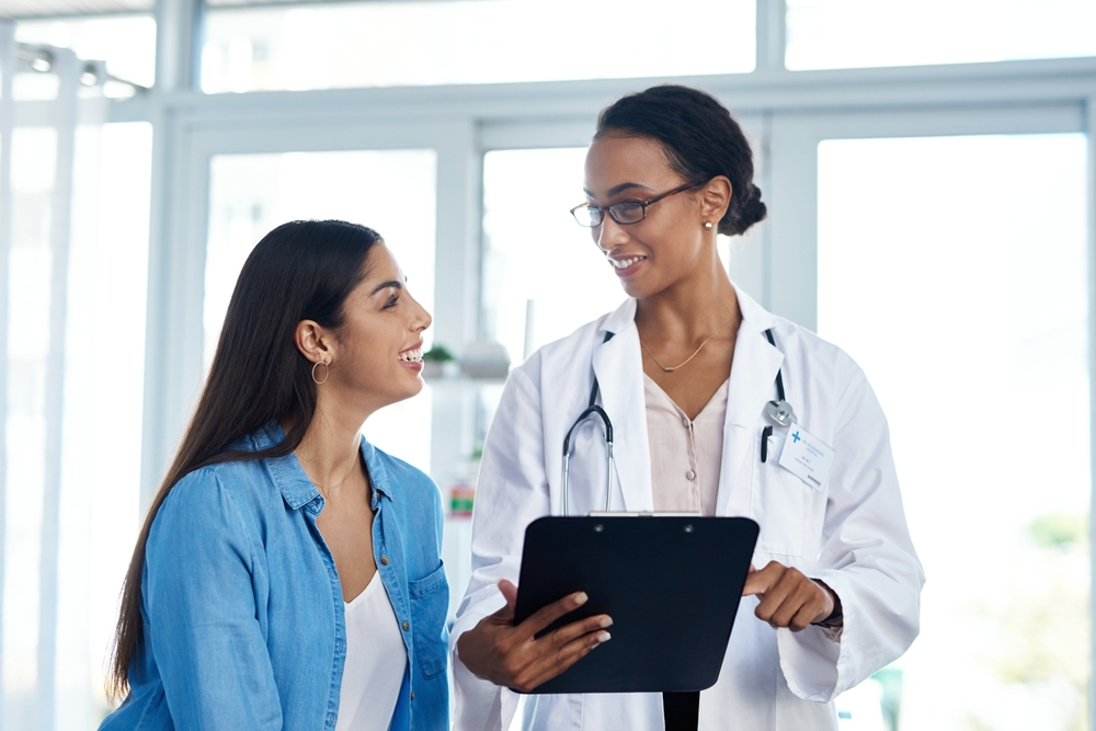 Doctor,,Woman,Or,Clipboard,In,Office,For,Healthcare,,Good,News